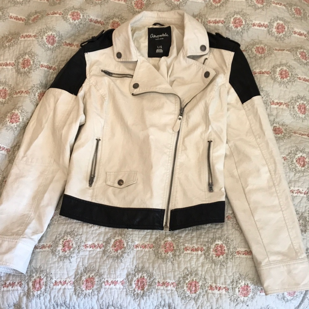 Black and white faux leather moto jacket